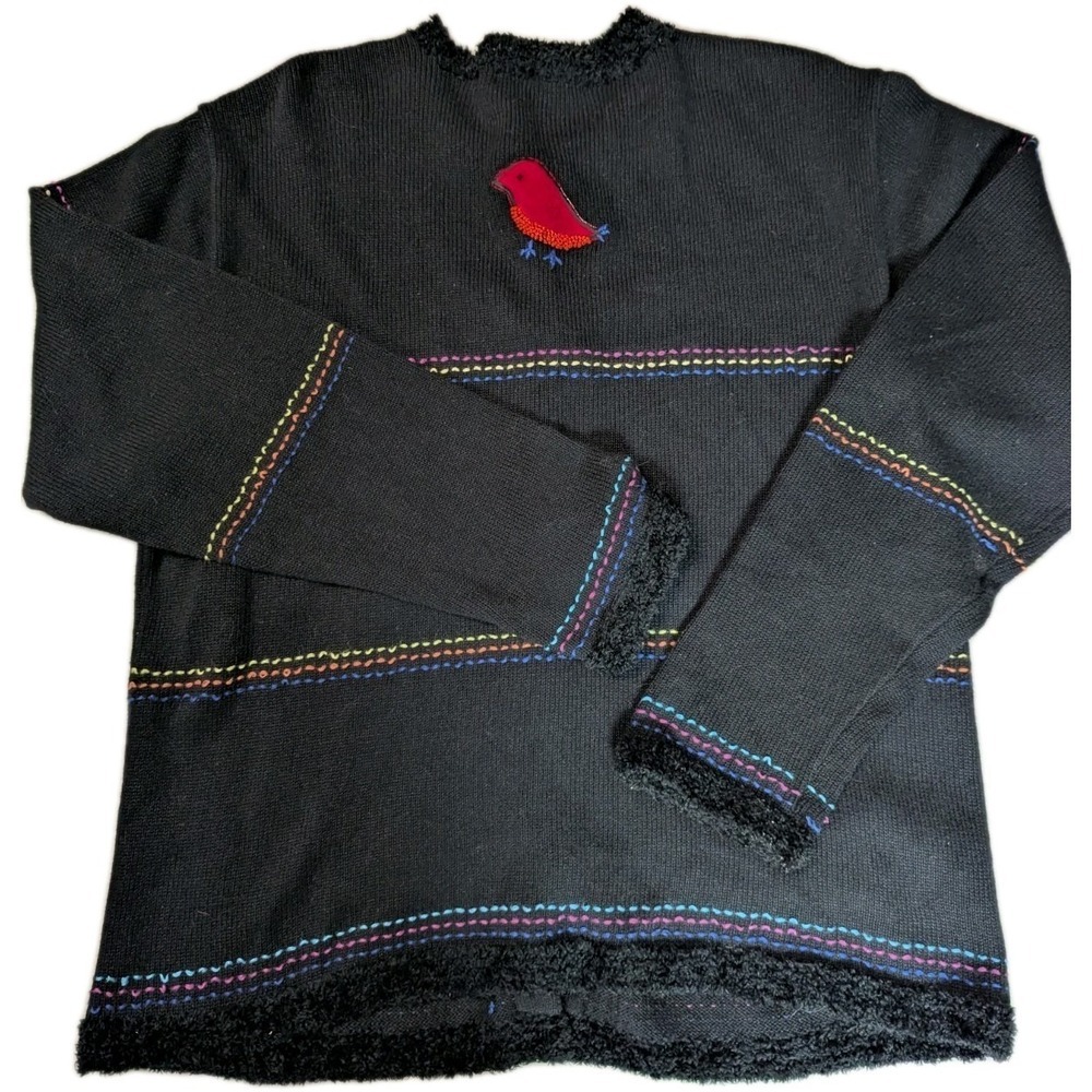 Vintage Great Cavalier Bird Novelty Cardigan Sweater Black M Furry Embroidered - Picture 2 of 16